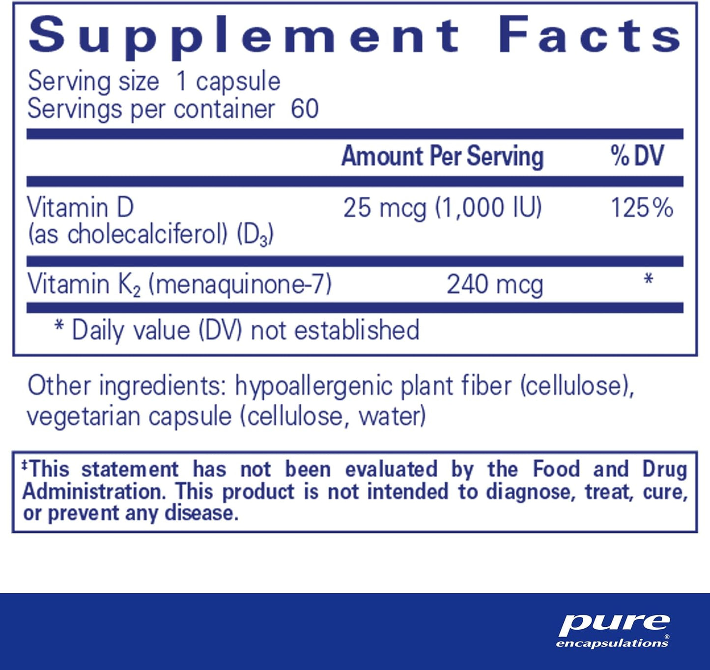 Supplement facts and ingredient information for a bottle of Pure Encapsulations PureHeart K2D dietary supplement