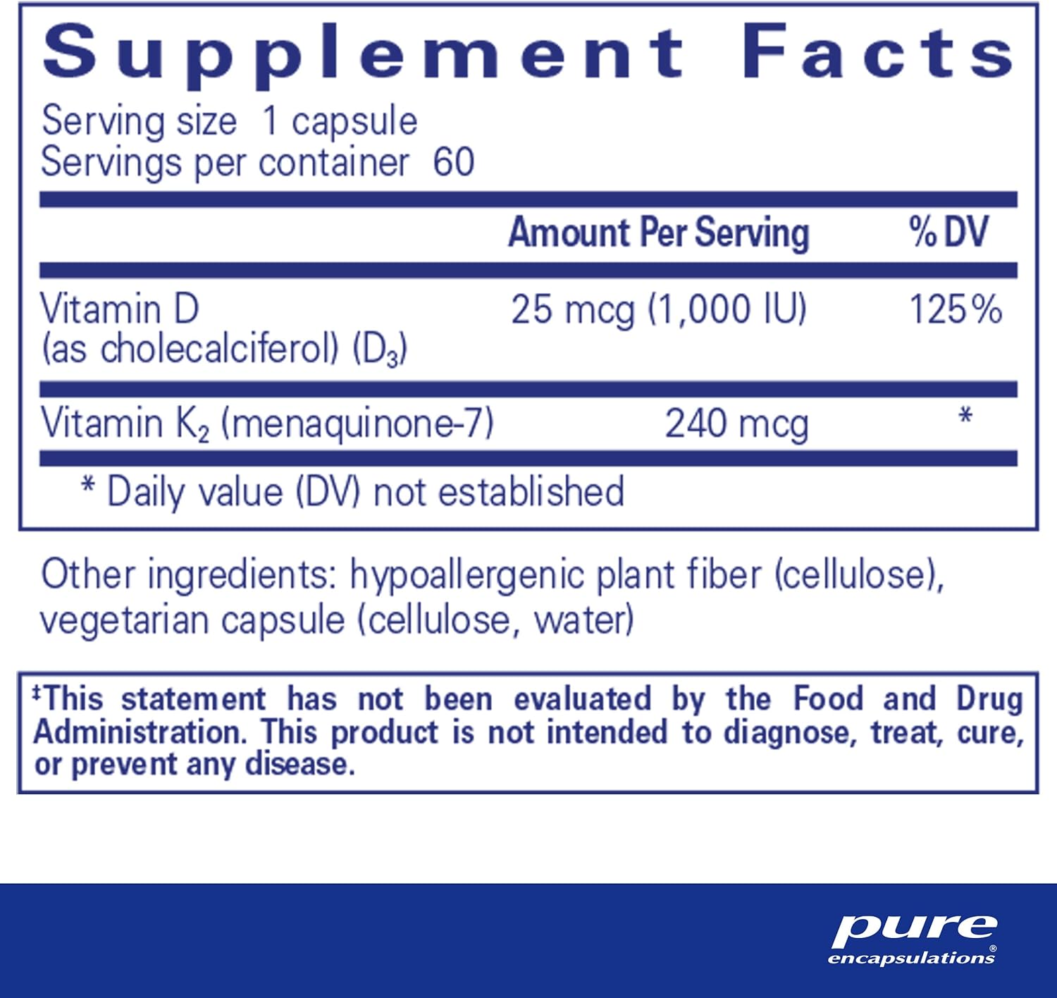Supplement facts and ingredient information for a bottle of Pure Encapsulations PureHeart K2D dietary supplement