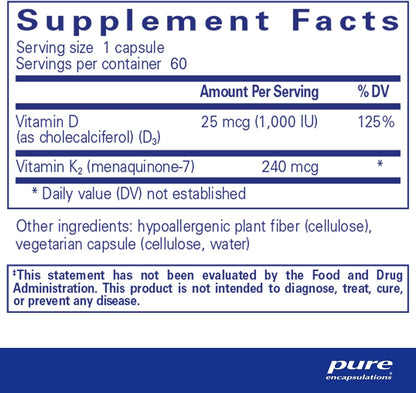 Supplement facts and ingredient information for a bottle of Pure Encapsulations PureHeart K2D dietary supplement