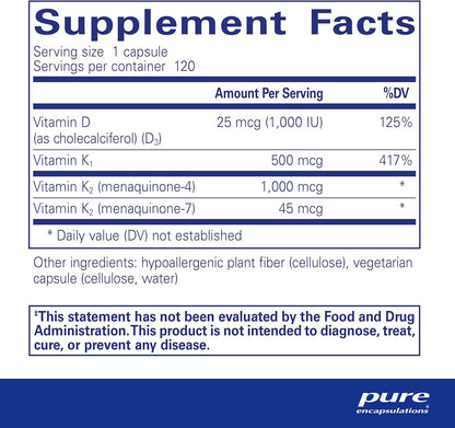 Supplement facts for a bottle of Pure Encapsulations Synergy K dietary supplement
