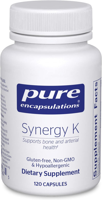 A bottle of Pure Encapsulations Synergy K dietary supplement with 120 capsules, labeled as gluten-free, non-GMO, and hypoallergenic.
