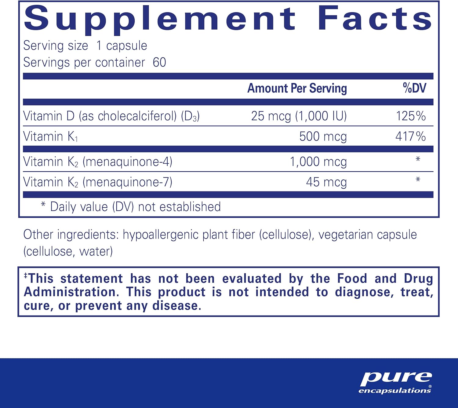 Supplement facts for a bottle of Pure Encapsulations Synergy K dietary supplement