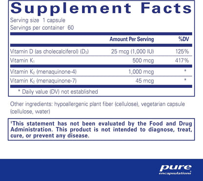 Supplement facts for a bottle of Pure Encapsulations Synergy K dietary supplement