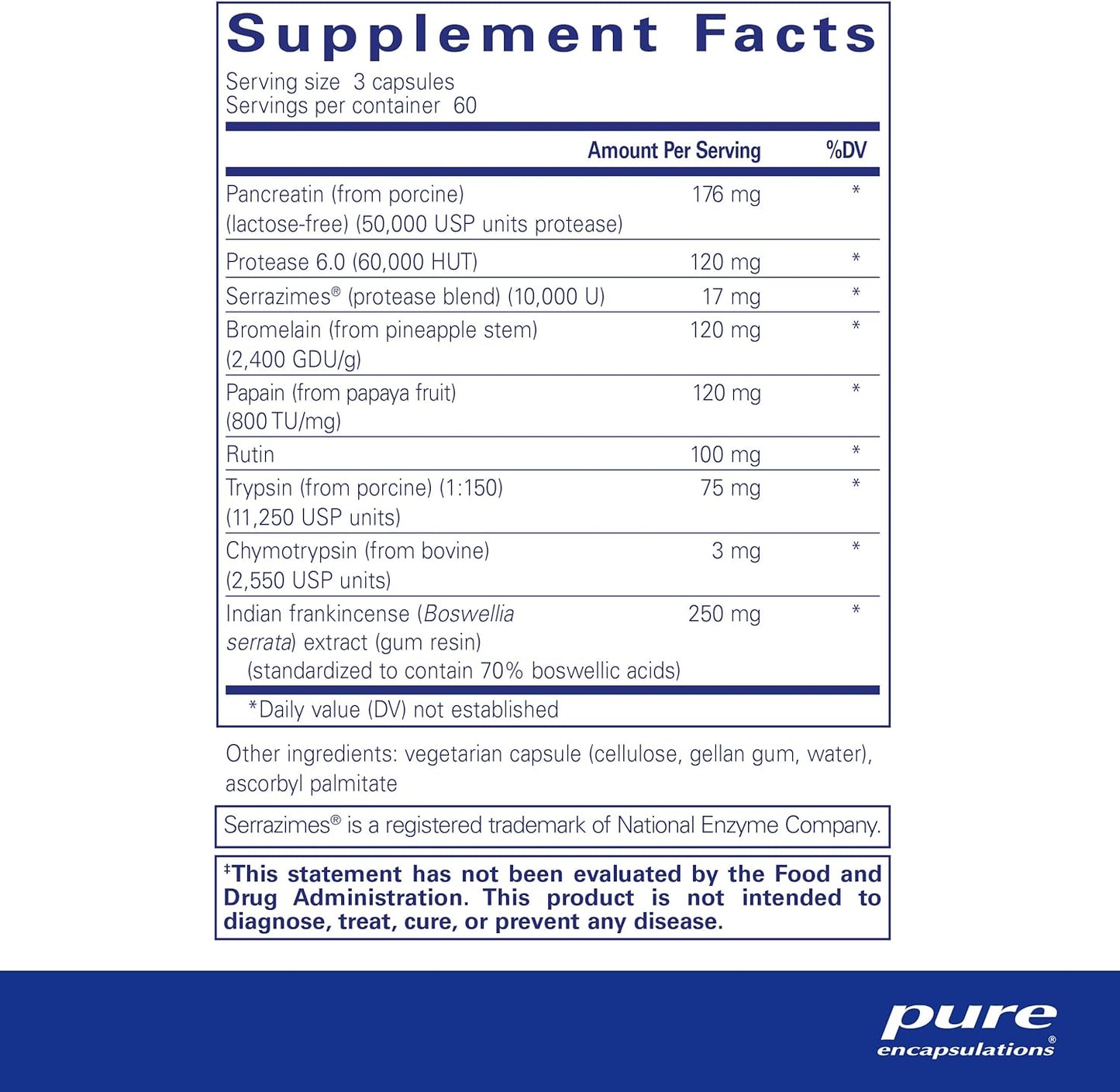 Supplement facts for a bottle of Pure Encapsulations Systemic Enzyme Complex dietary supplement