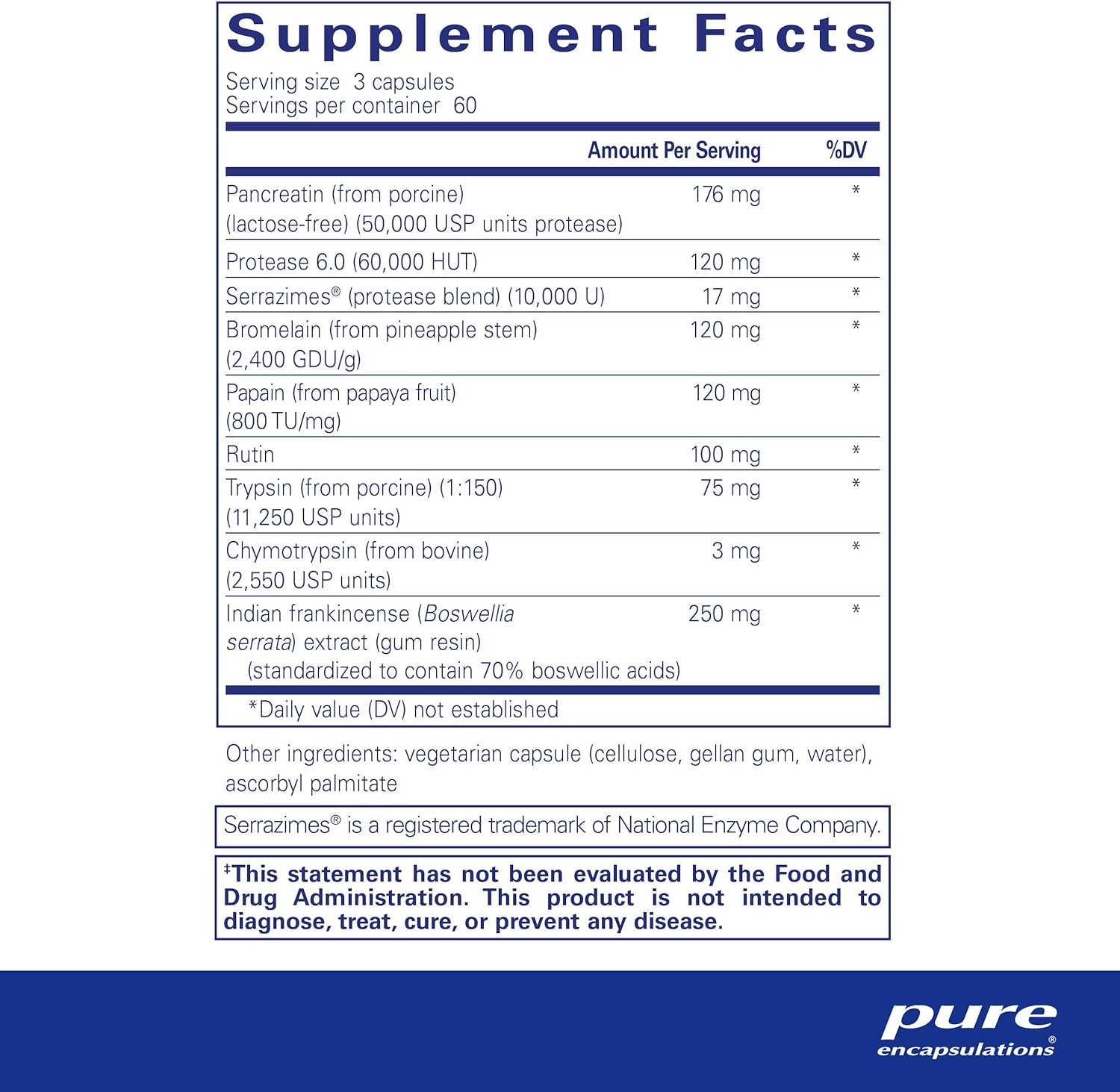 Supplement facts for a bottle of Pure Encapsulations Systemic Enzyme Complex dietary supplement