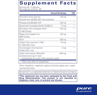 Supplement facts for a bottle of Pure Encapsulations Systemic Enzyme Complex dietary supplement