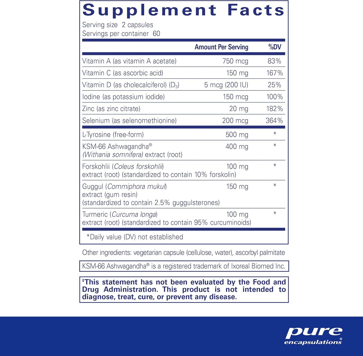 Supplement facts for a  bottle of Pure Encapsulations Thyroid Support Complex dietary supplement 