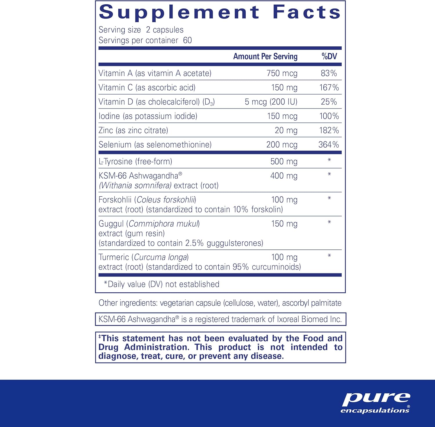 Supplement facts for a  bottle of Pure Encapsulations Thyroid Support Complex dietary supplement 