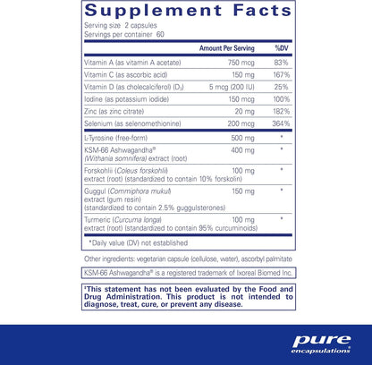 Supplement facts for a  bottle of Pure Encapsulations Thyroid Support Complex dietary supplement 
