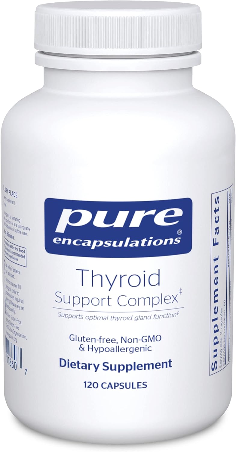 A bottle of Pure Encapsulations Thyroid Support Complex dietary supplement containing 120 capsules.
