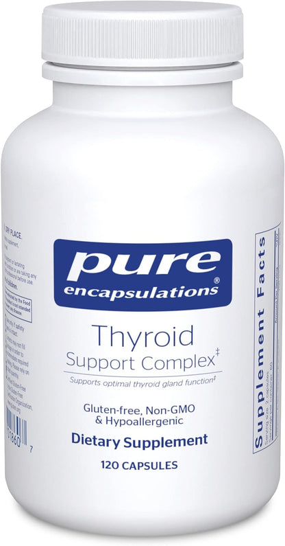 A bottle of Pure Encapsulations Thyroid Support Complex dietary supplement containing 120 capsules.