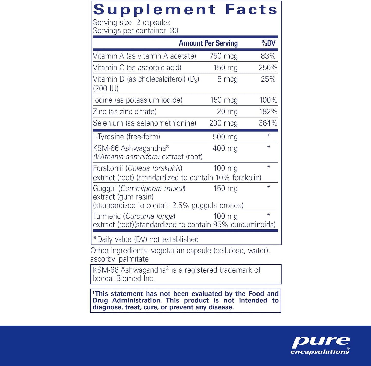 Supplement facts for a  bottle of Pure Encapsulations Thyroid Support Complex dietary supplement 