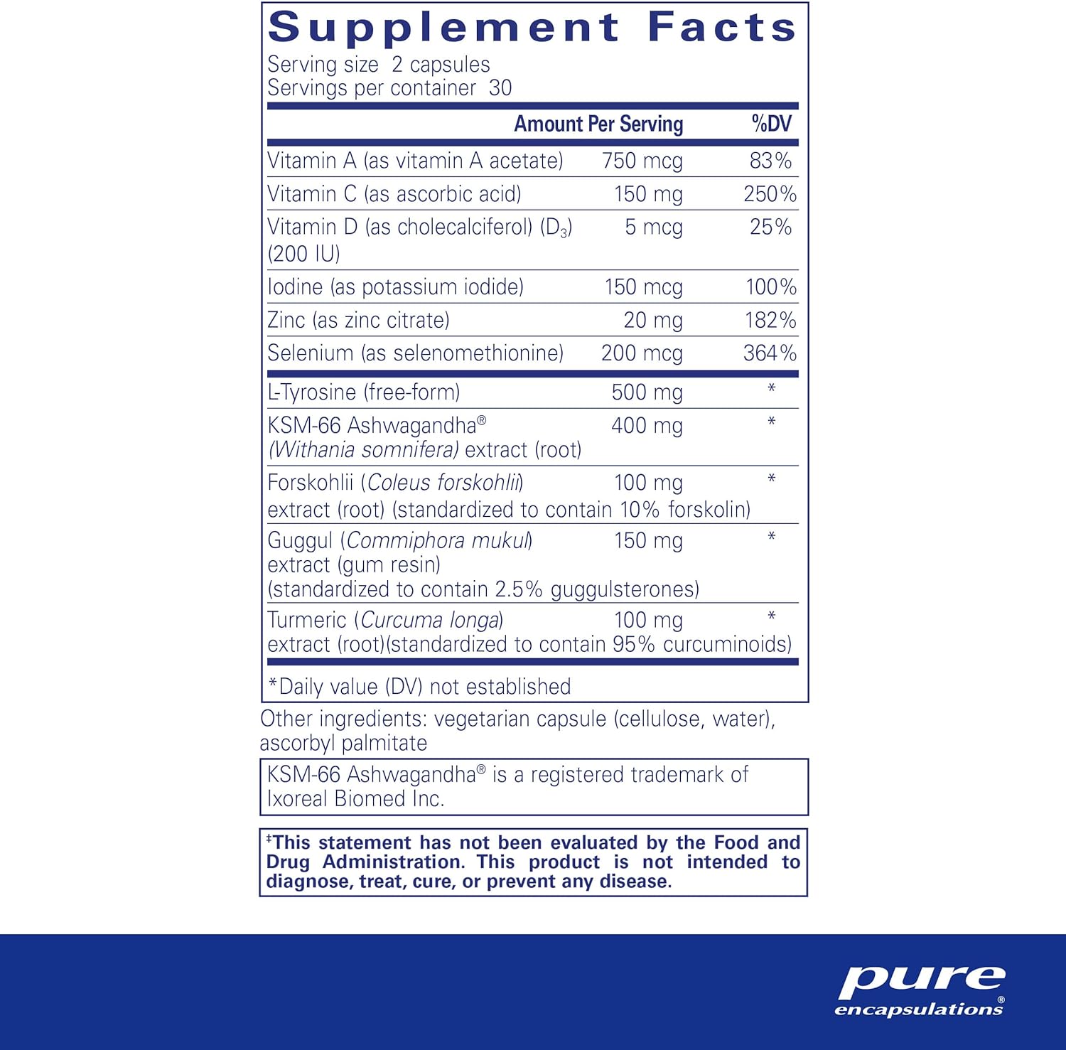 Supplement facts for a  bottle of Pure Encapsulations Thyroid Support Complex dietary supplement 