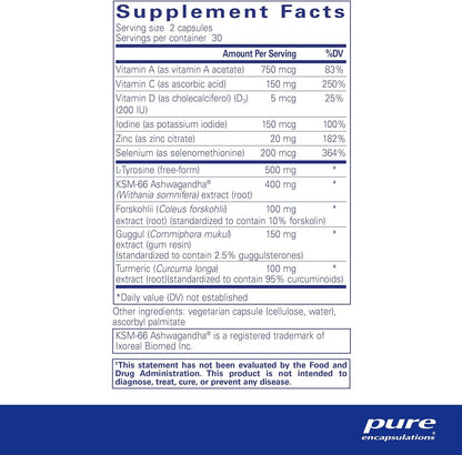 Supplement facts for a  bottle of Pure Encapsulations Thyroid Support Complex dietary supplement 