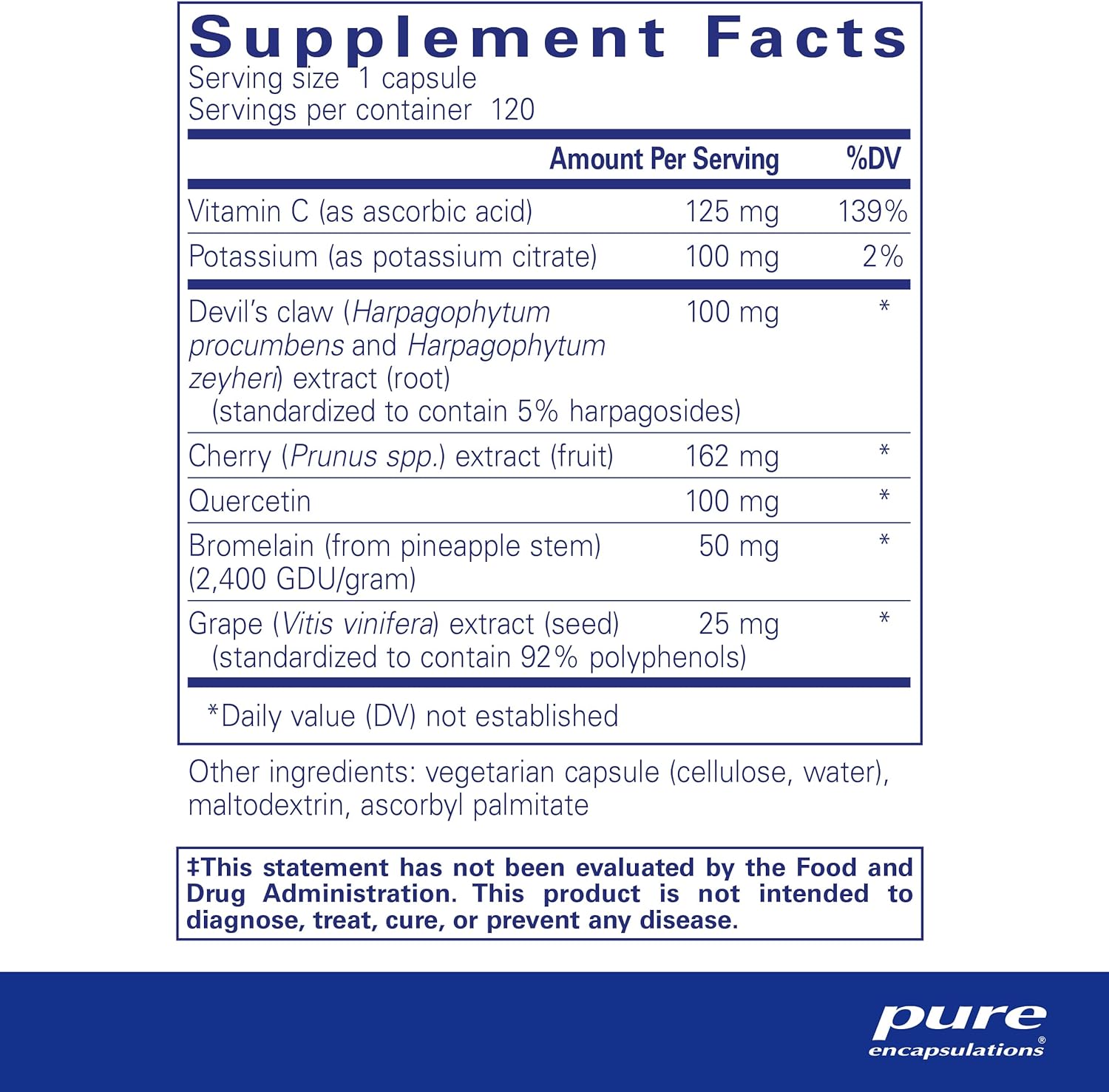 Supplement facts for a bottle of Pure Encapsulations Uric Acid Formula dietary supplement 