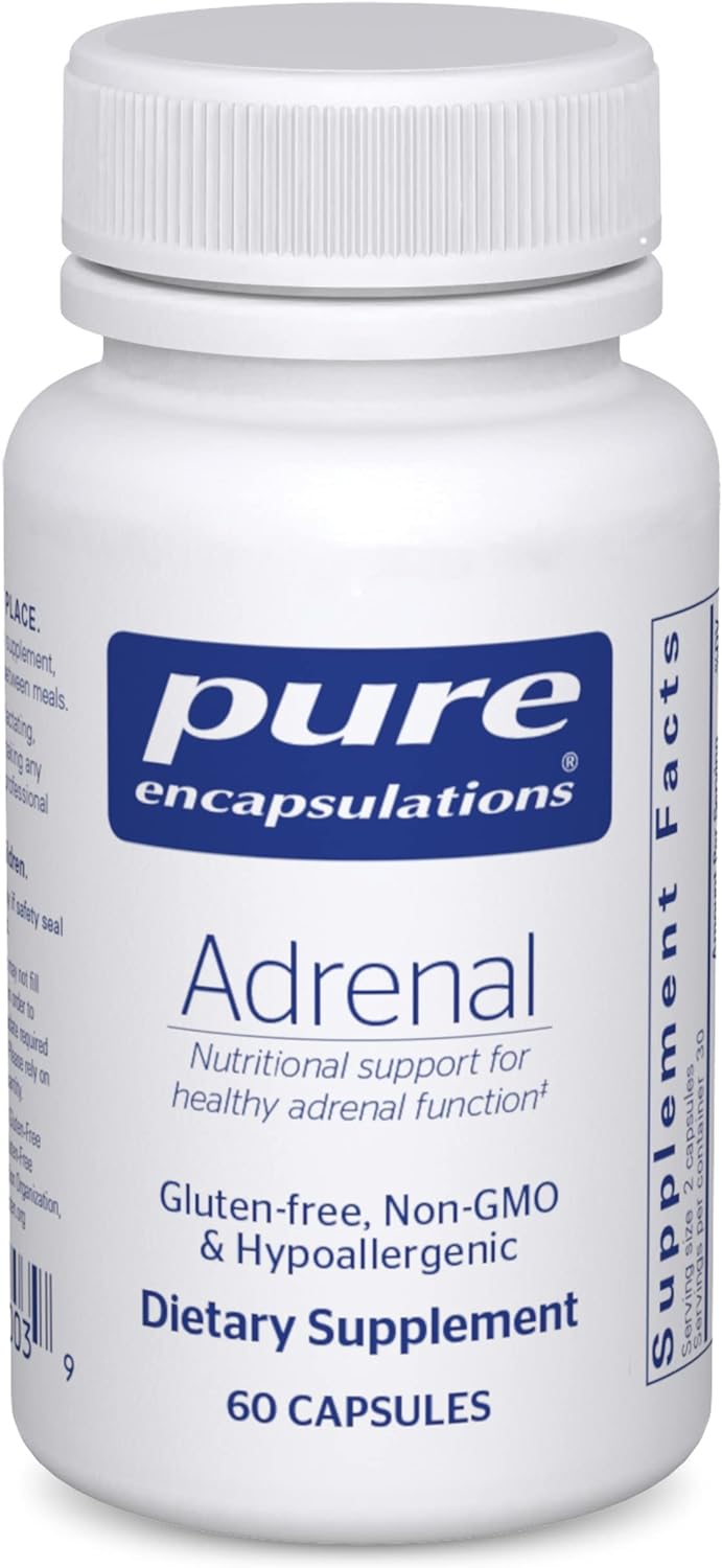 A bottle of Pure Encapsulations Adrenal dietary supplement with 60 capsules. The label is white with blue and red text, and the product is indicated for supporting healthy adrenal function.