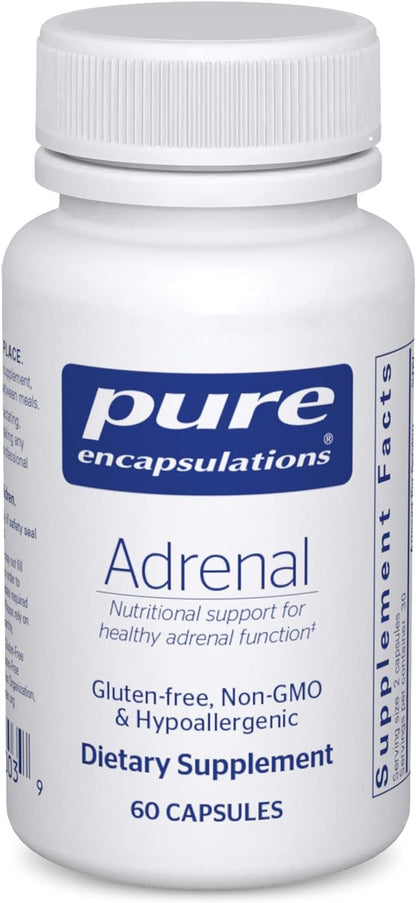 A bottle of Pure Encapsulations Adrenal dietary supplement with 60 capsules. The label is white with blue and red text, and the product is indicated for supporting healthy adrenal function.