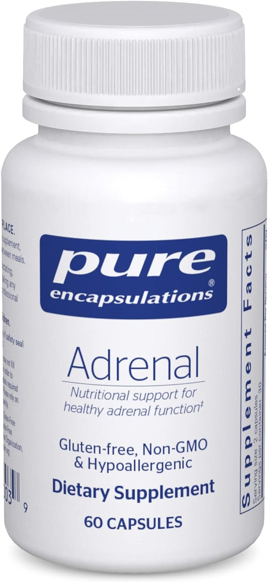 A bottle of Pure Encapsulations Adrenal dietary supplement with 60 capsules. The label is white with blue and red text, and the product is indicated for supporting healthy adrenal function.