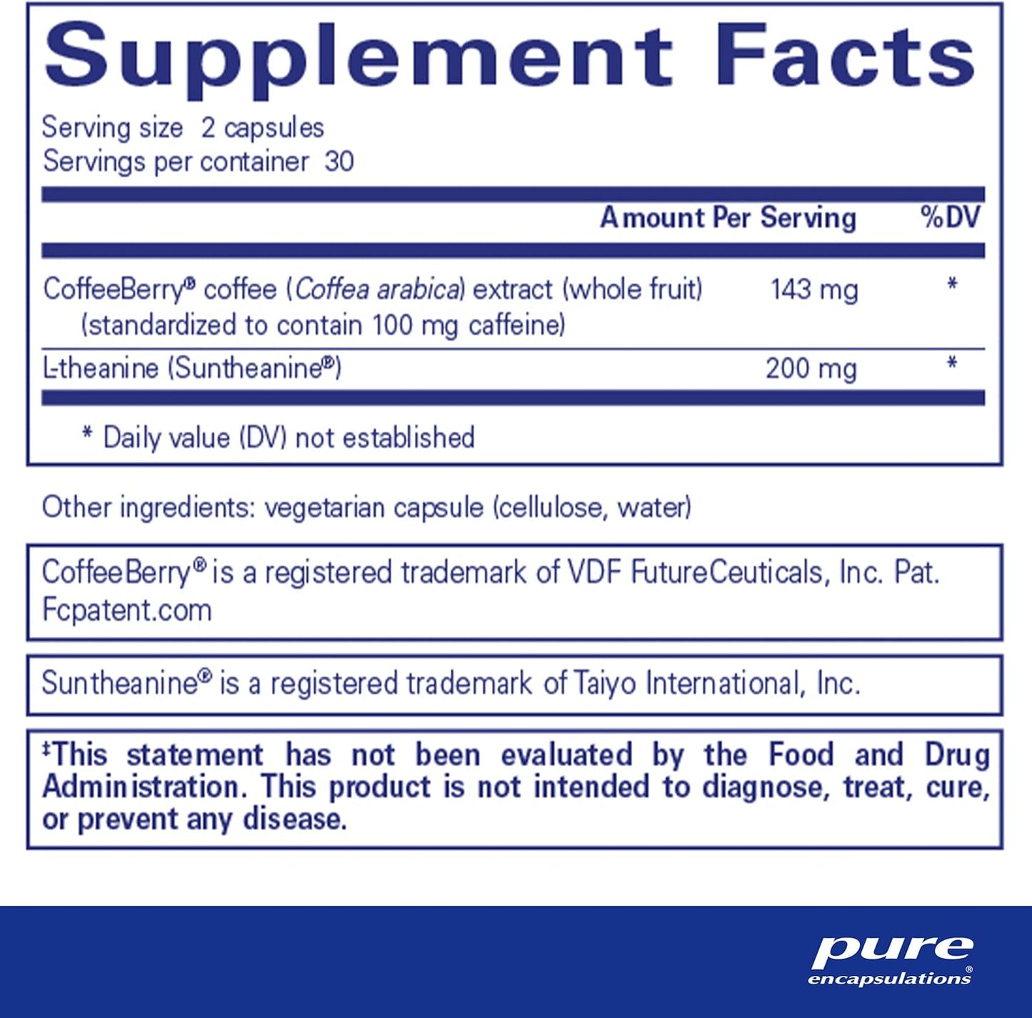 Supplement facts for a bottle of Pure Encapsulations CaffPhenol dietary supplement 
