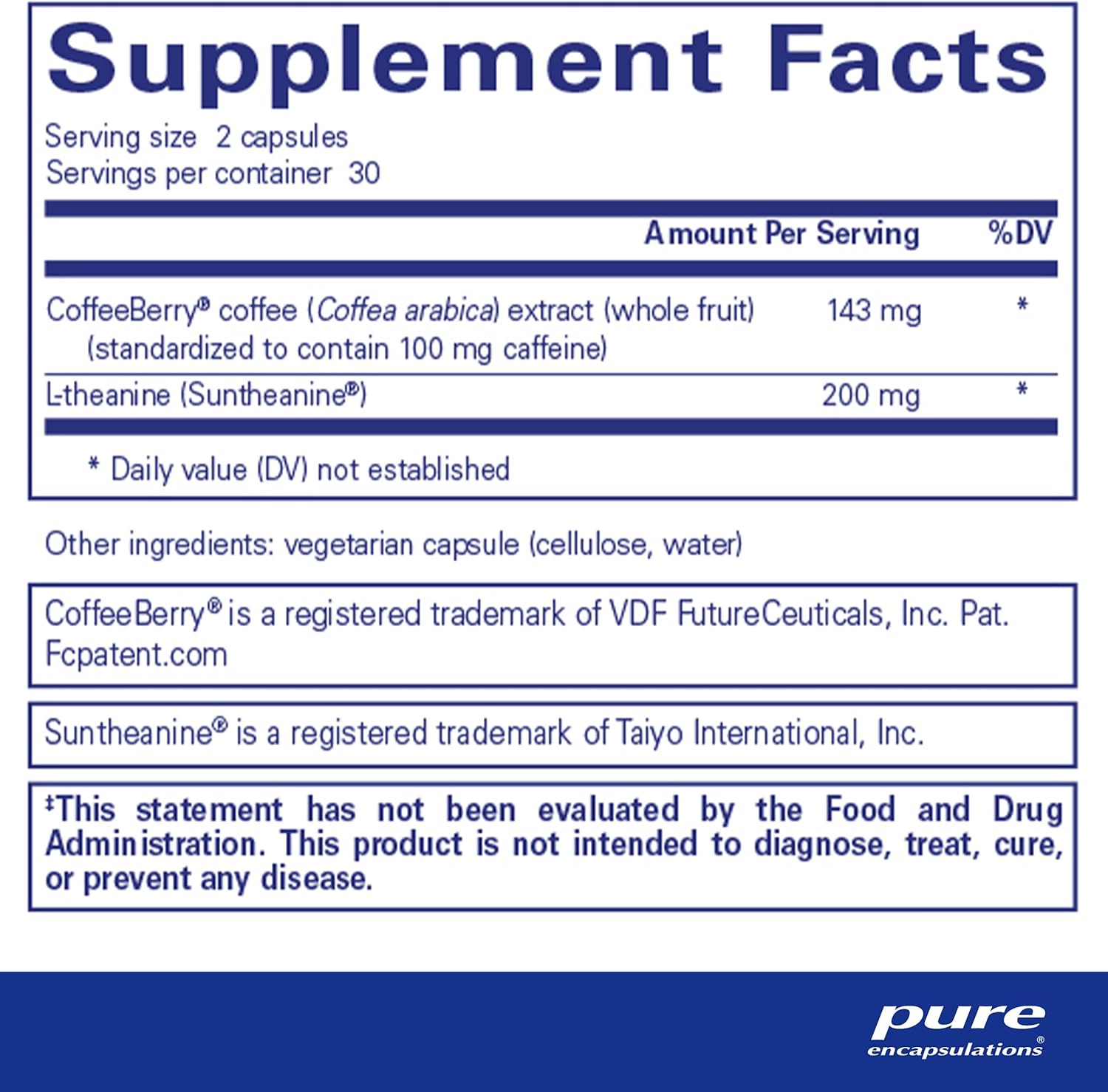 Supplement facts for a bottle of Pure Encapsulations CaffPhenol dietary supplement 