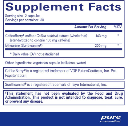 Supplement facts for a bottle of Pure Encapsulations CaffPhenol dietary supplement 