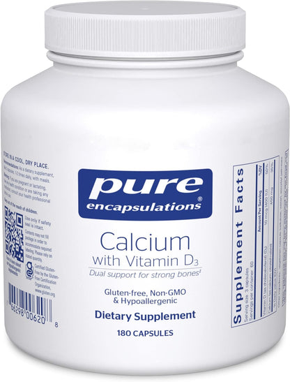 A bottle of Pure Encapsulations Calcium with Vitamin D3 supplement containing 180 capsules.
