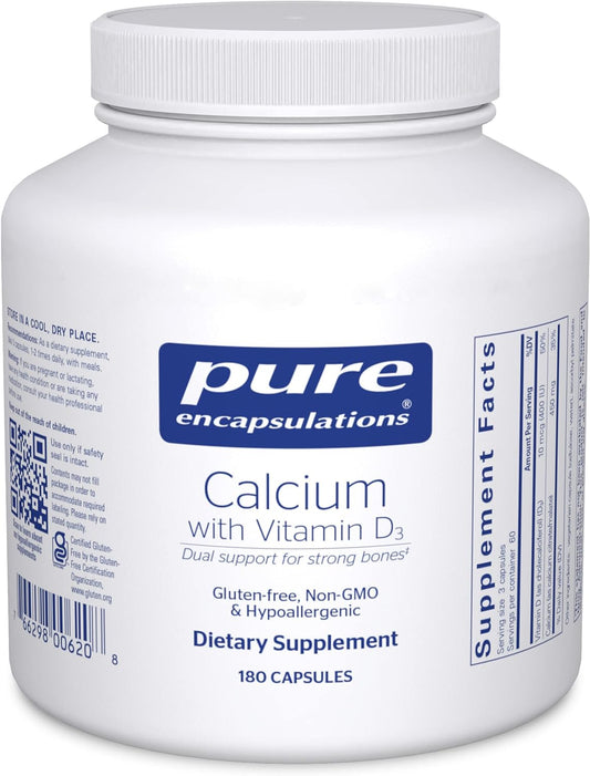 A bottle of Pure Encapsulations Calcium with Vitamin D3 supplement containing 180 capsules.