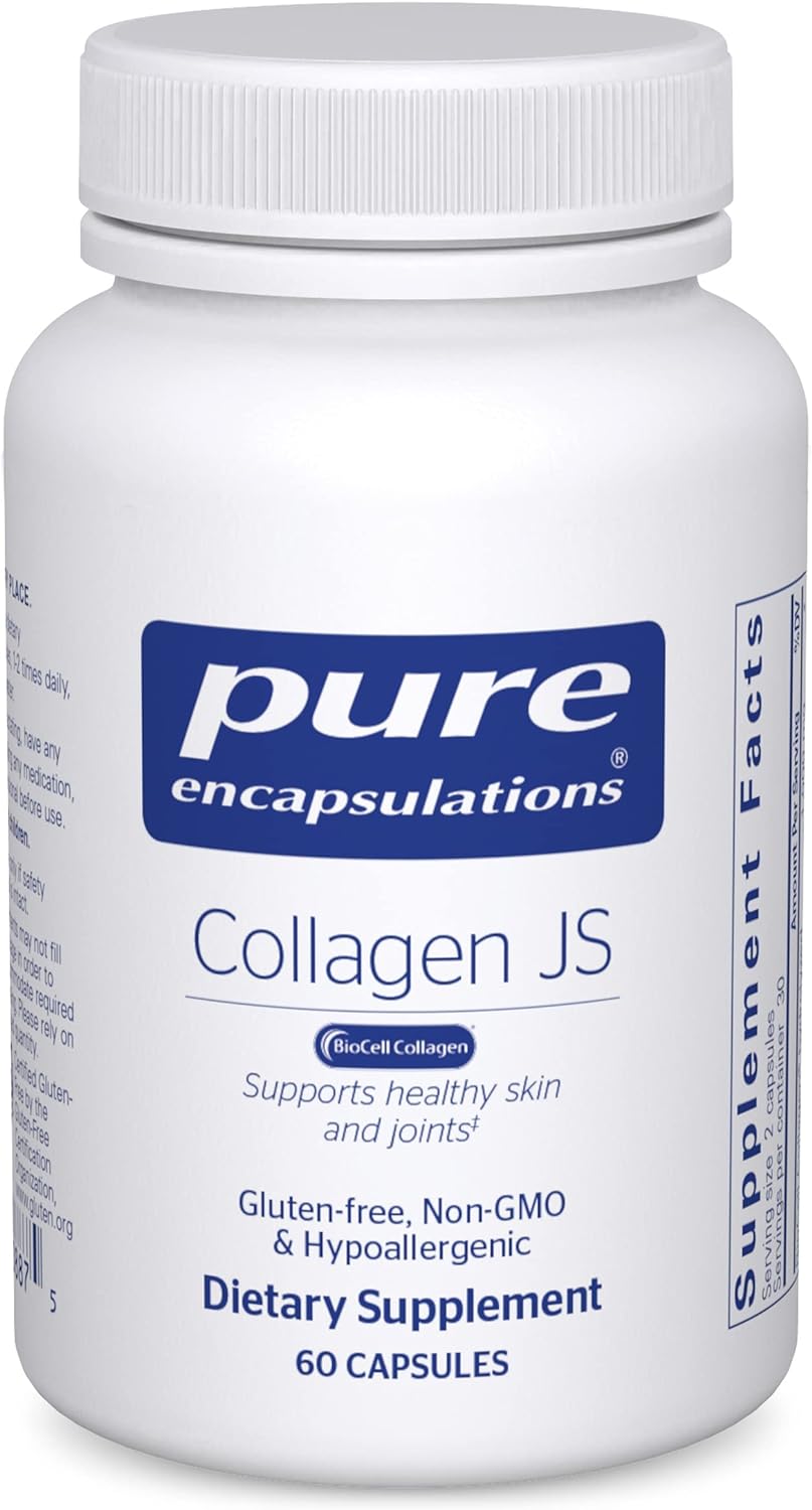 A bottle of Pure Encapsulations Collagen JS dietary supplement with 60 capsules, labeled for joint and skin health.