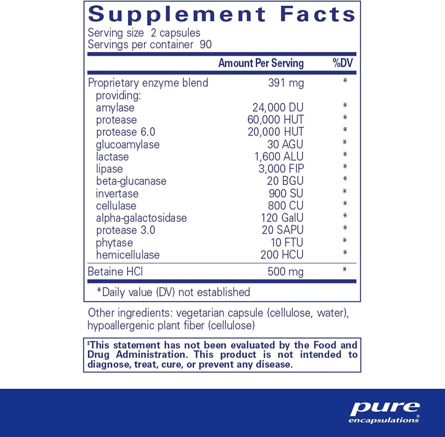 Supplement facts for a Pure Encapsulations Digestive Enzymes Ultra with Betaine HCl'.