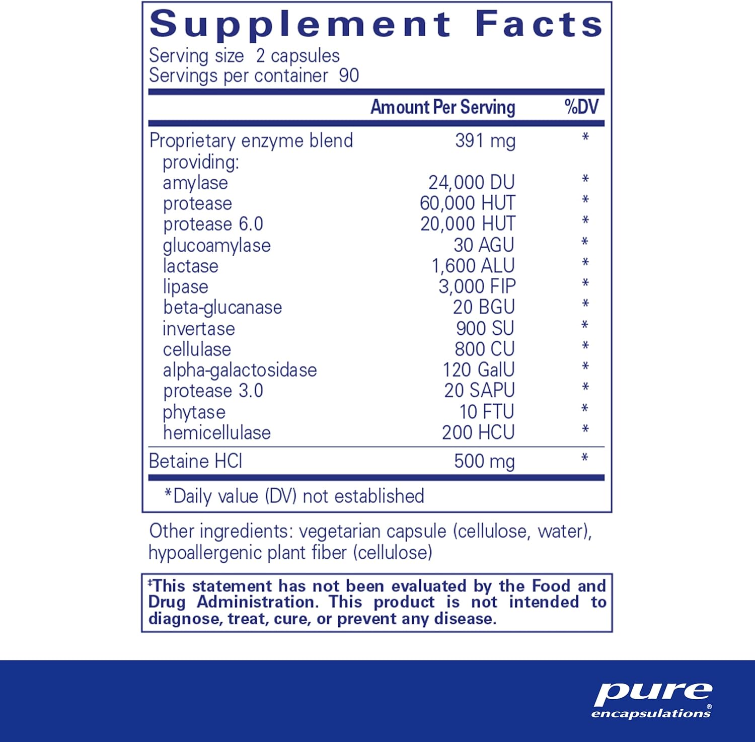 Supplement facts for a Pure Encapsulations Digestive Enzymes Ultra with Betaine HCl'.