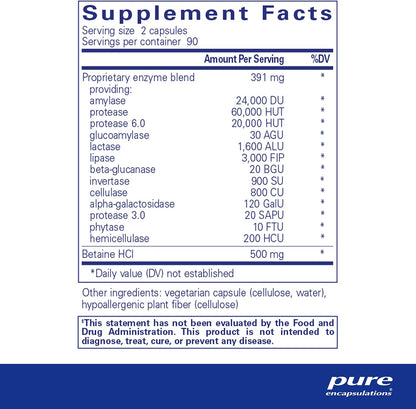 Supplement facts for a Pure Encapsulations Digestive Enzymes Ultra with Betaine HCl'.