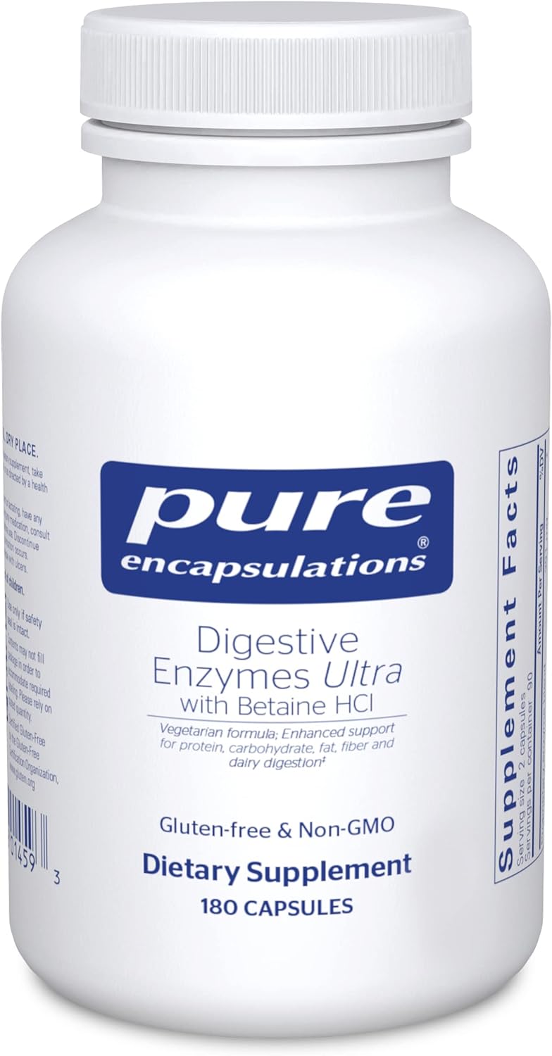 A white bottle with a blue label that reads 'Pure Encapsulations Digestive Enzymes Ultra with Betaine HCl'. It is a dietary supplement for digestive system support.