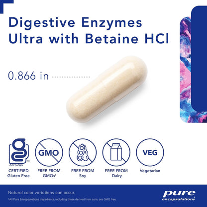 A picture of a beige, Pure Encapsulations Digestive Enzymes Ultra with Betaine HCl' capsule that is .866 inches and is GF, GMO free, Soy free, dairy free and vegetarian.