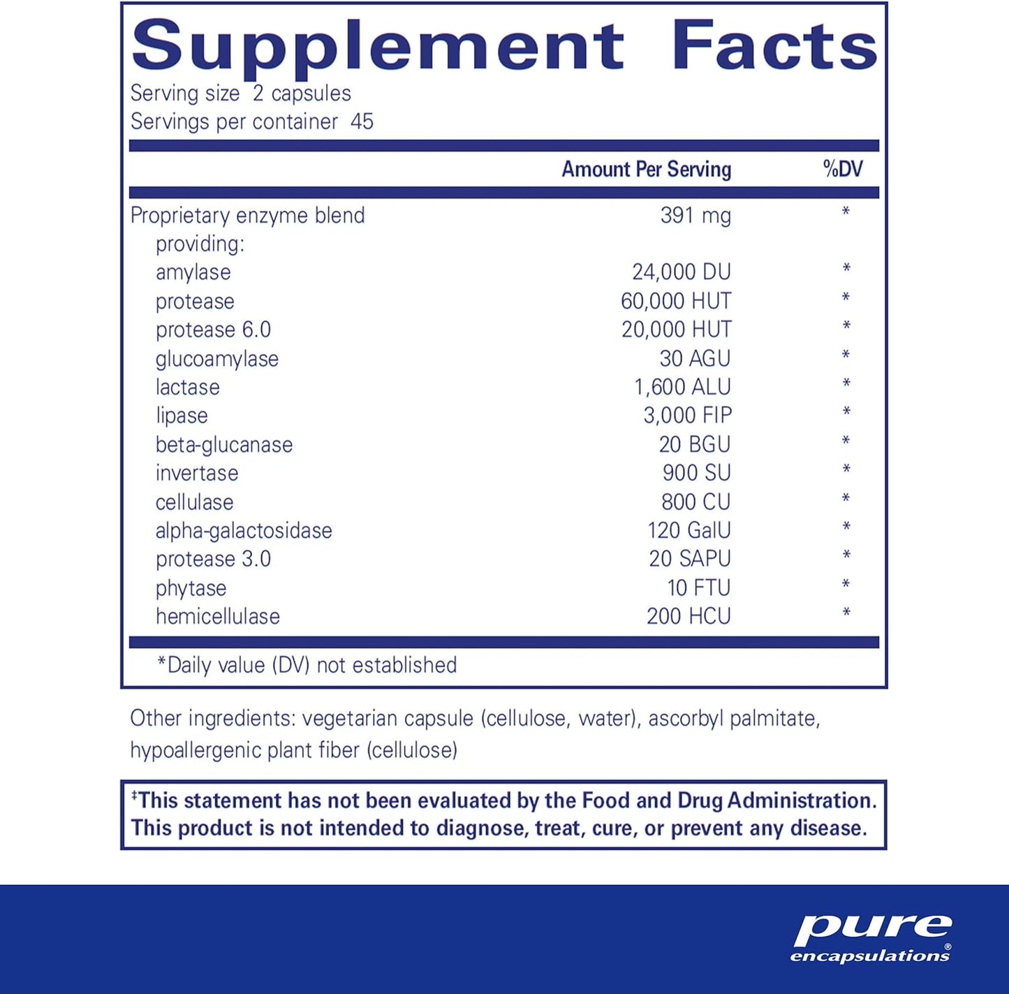 Supplement facts for a bottle of Pure Encapsulations Digestive Enzymes Ultra dietary supplement.