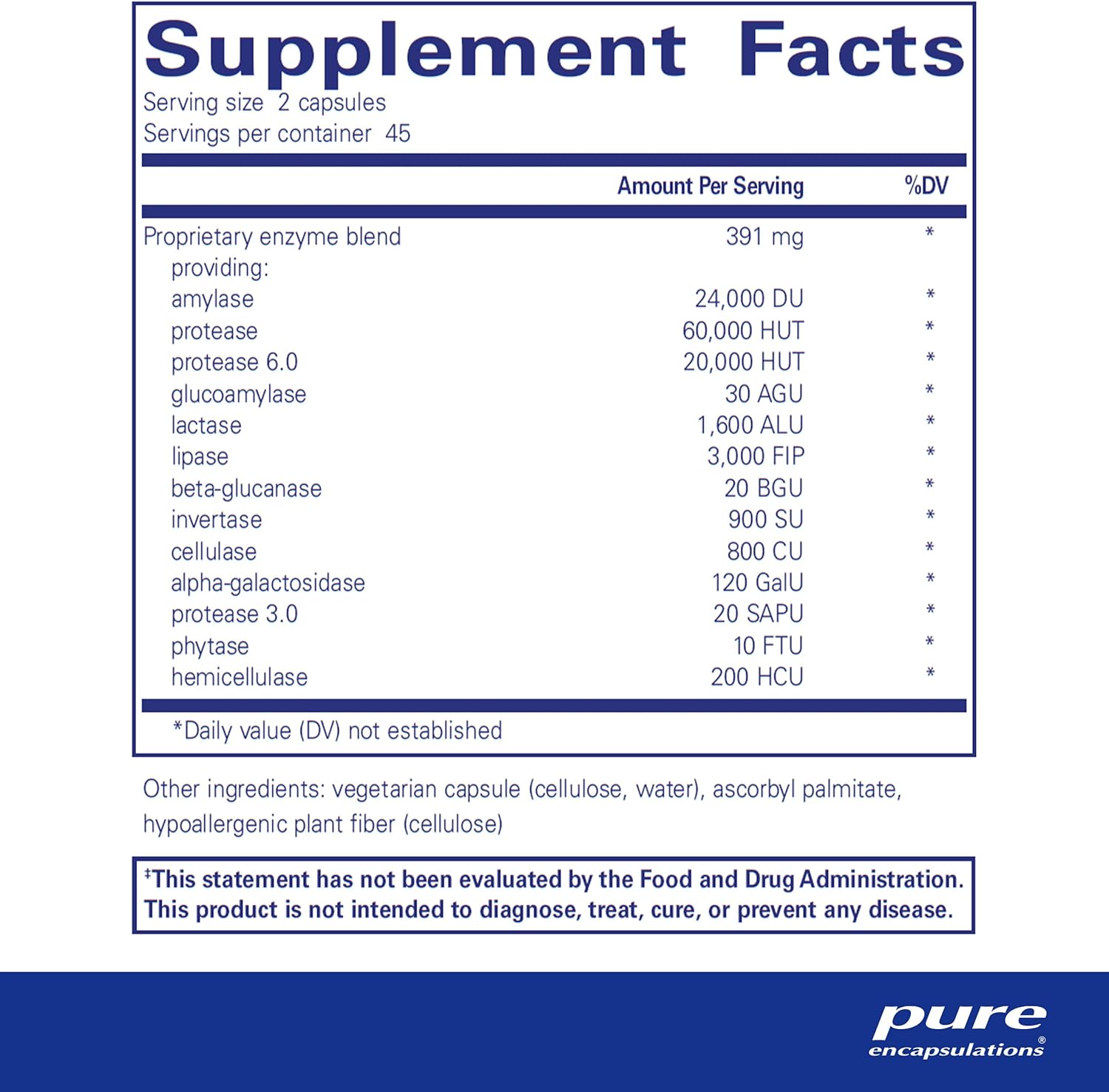 Supplement facts for a bottle of Pure Encapsulations Digestive Enzymes Ultra dietary supplement.