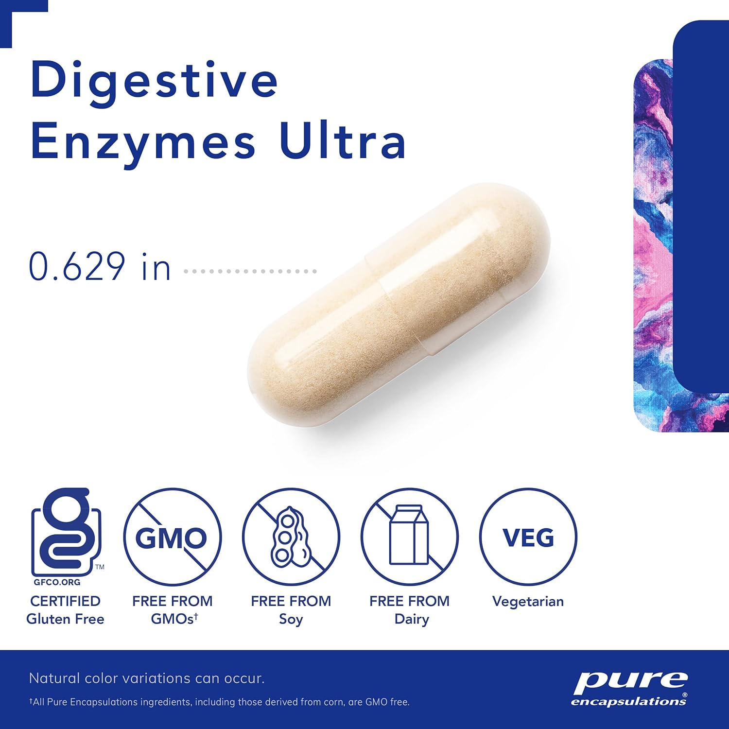 A picture of a beige Digestive Enxymes Ulta capsule that measures .629 inches long and is GF, Dairy free, Soy free, GMO free, and vegetarian