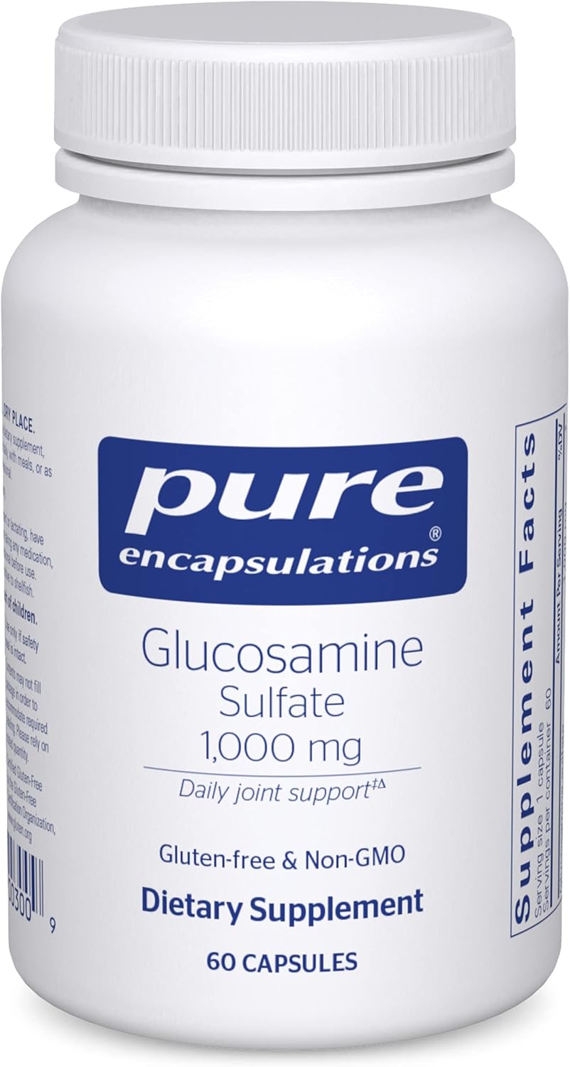 A bottle of Pure Encapsulations Glucosamine Sulfate 1,000 mg dietary supplement containing 60 capsules.