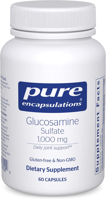 A bottle of Pure Encapsulations Glucosamine Sulfate 1,000 mg dietary supplement containing 60 capsules.