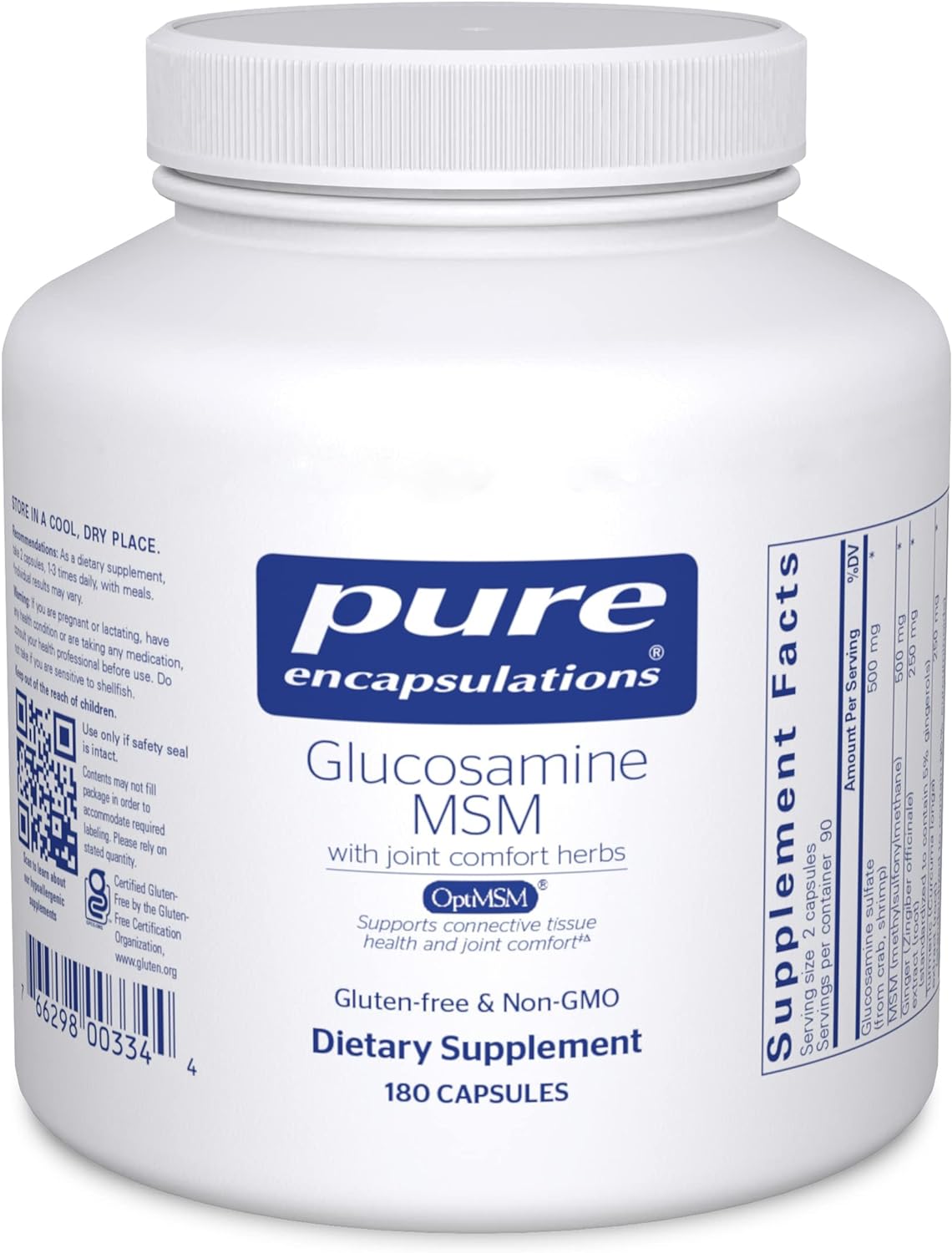 A bottle of Pure Encapsulations Glucosamine MSM with joint comfort herbs dietary supplement containing 180 capsules.