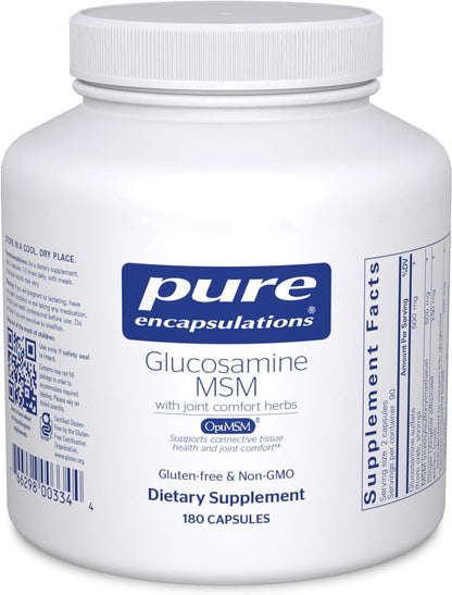 A bottle of Pure Encapsulations Glucosamine MSM with joint comfort herbs dietary supplement containing 180 capsules.