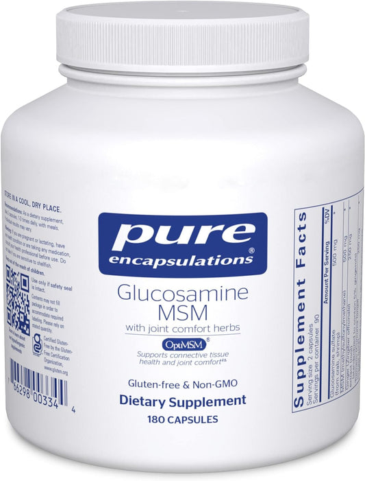 A bottle of Pure Encapsulations Glucosamine MSM with joint comfort herbs dietary supplement containing 180 capsules.