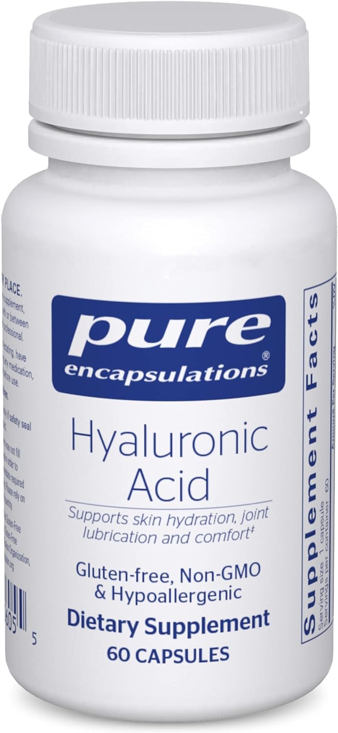A bottle of Pure Encapsulations Hyaluronic Acid dietary supplement containing 60 capsules. The label is white with blue and red text, and the product is indicated to support joint function and skin health.