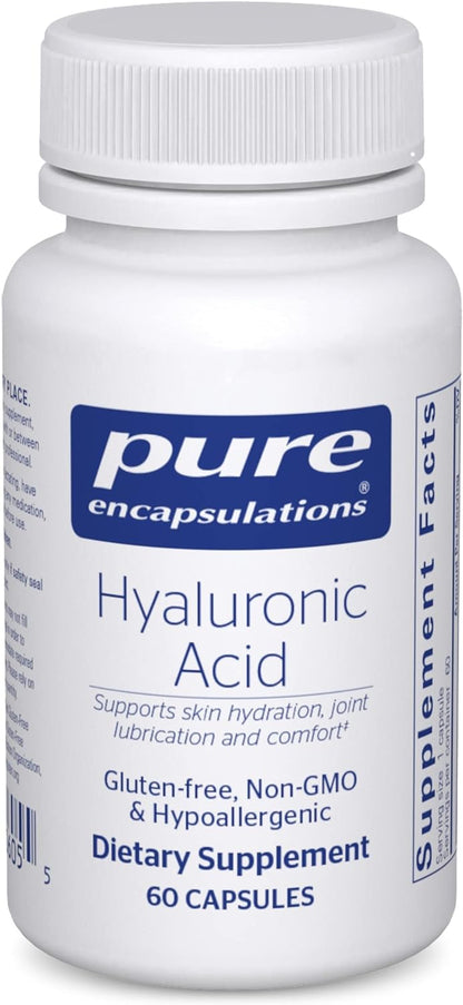 A bottle of Pure Encapsulations Hyaluronic Acid dietary supplement containing 60 capsules. The label is white with blue and red text, and the product is indicated to support joint function and skin health.