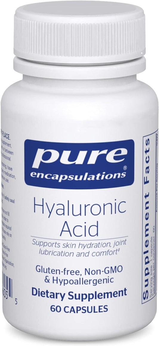 A bottle of Pure Encapsulations Hyaluronic Acid dietary supplement containing 60 capsules. The label is white with blue and red text, and the product is indicated to support joint function and skin health.