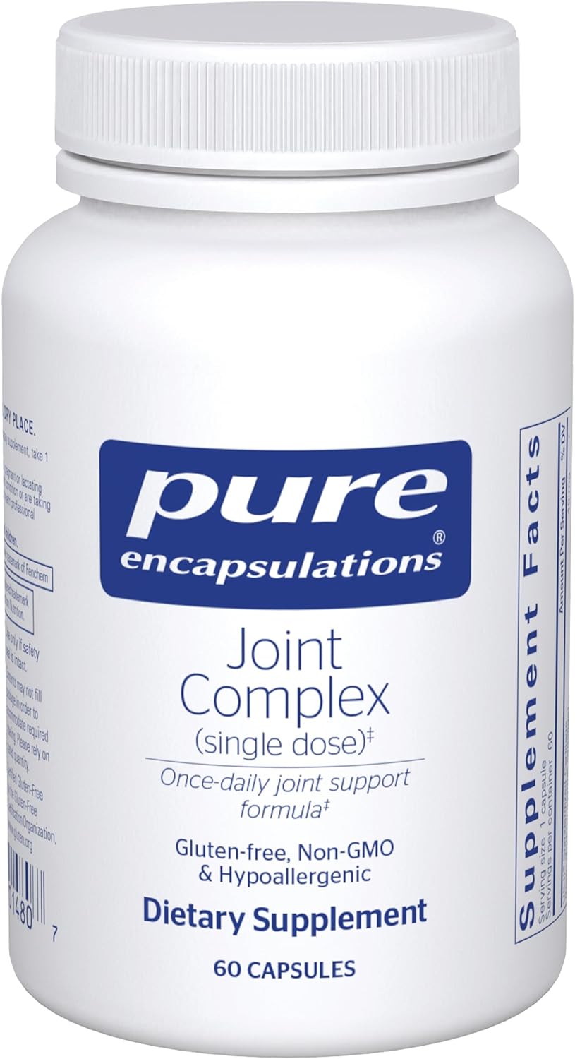 A bottle of Pure Encapsulations Joint Complex dietary supplement with 60 capsules. The label is white and blue with the brand logo and product information.