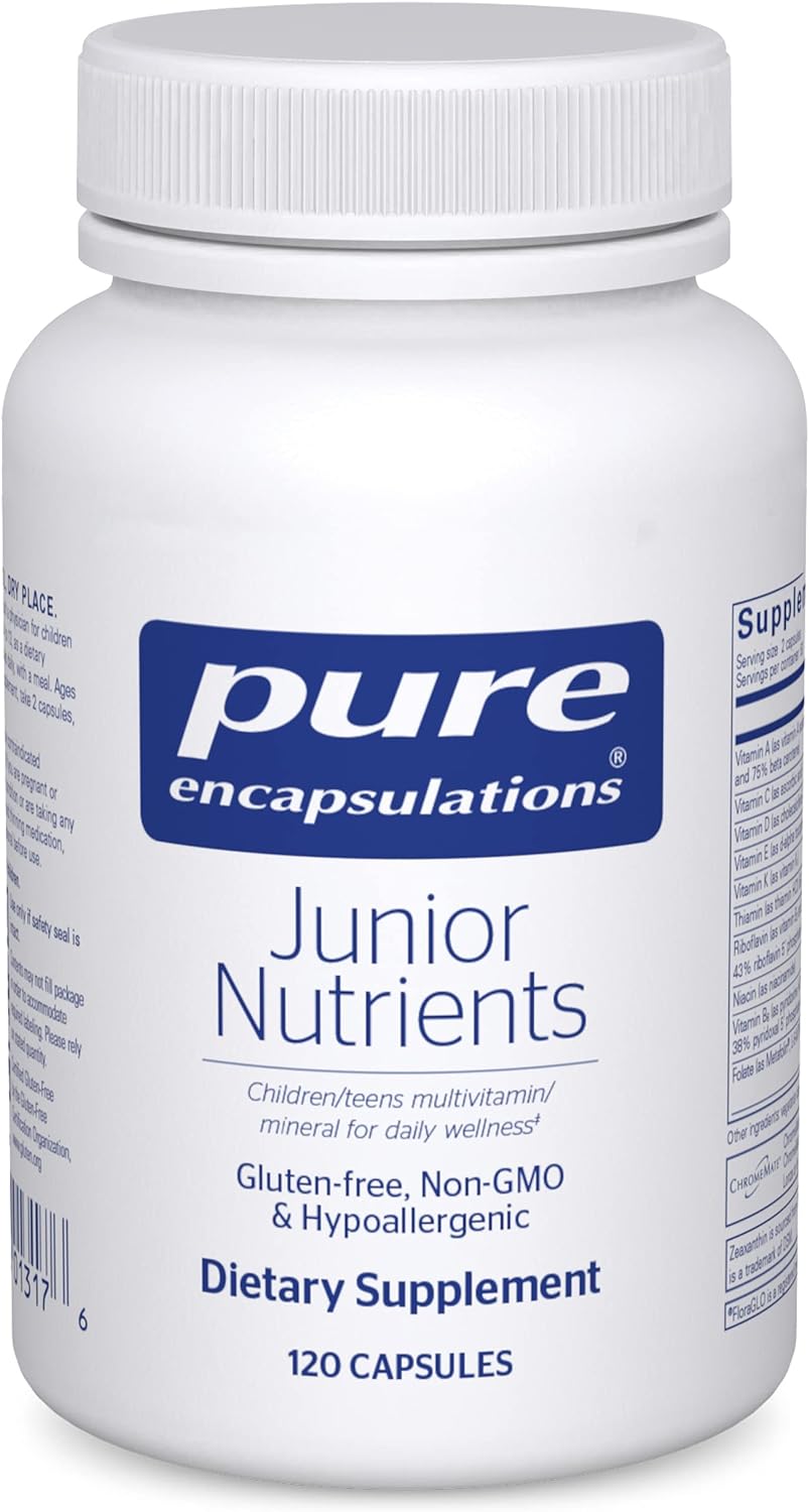 A bottle of Pure Encapsulations Junior Nutrients multivitamin supplements for kids and teens, without iron, containing 120 capsules.