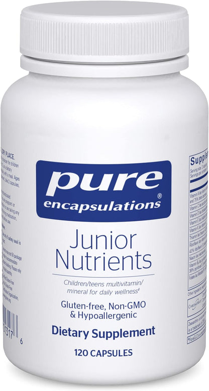 A bottle of Pure Encapsulations Junior Nutrients multivitamin supplements for kids and teens, without iron, containing 120 capsules.