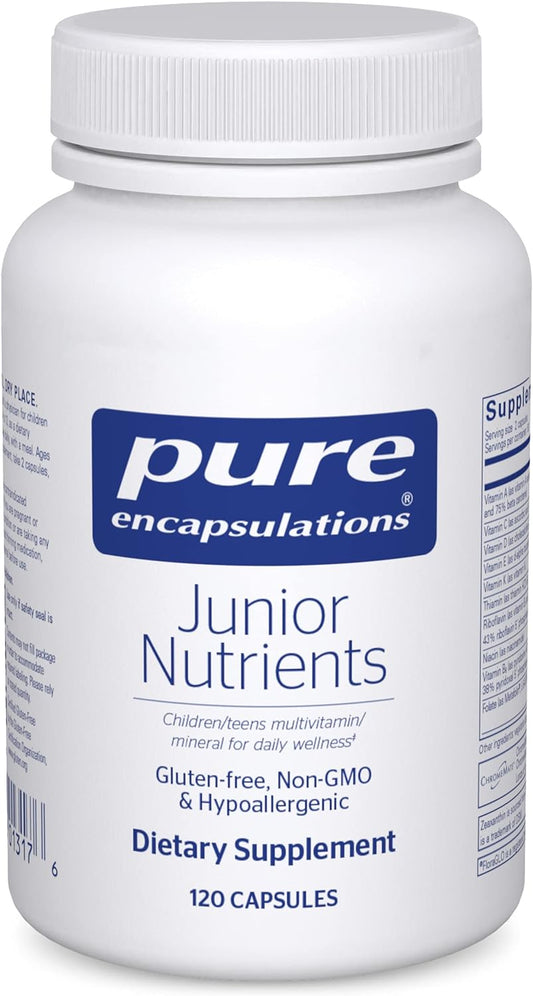 A bottle of Pure Encapsulations Junior Nutrients multivitamin supplements for kids and teens, without iron, containing 120 capsules.