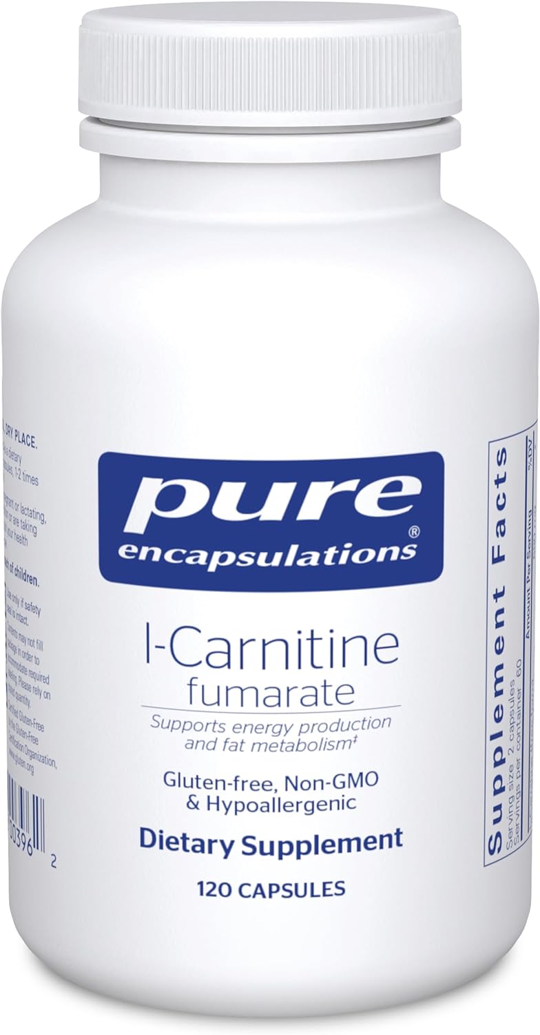A bottle of Pure Encapsulations L-Carnitine Fumarate dietary supplement containing 120 capsules.