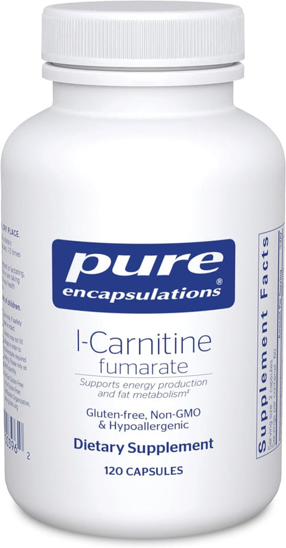 A bottle of Pure Encapsulations L-Carnitine Fumarate dietary supplement containing 120 capsules.